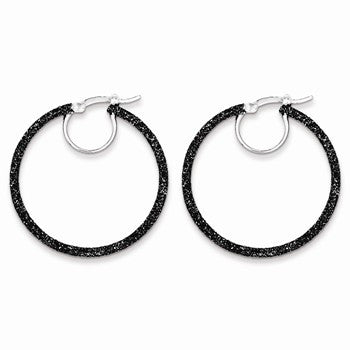 Sterling Silver Rhodium & Black Glitter Enamel Glitter Hoop Earrings