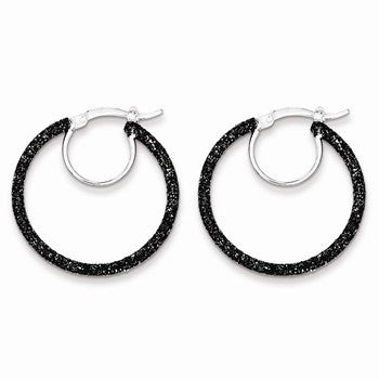 Sterling Silver Rhodium & Black Glitter Enamel Glitter Hoop Earrings