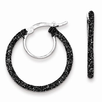 Sterling Silver Rhodium & Black Glitter Enamel Glitter Hoop Earrings