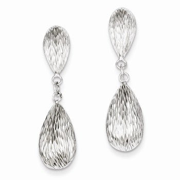 Sterling Silver Rhodium Plated Diamond-cut Tear Drop Dangle Earrings