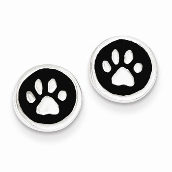 Sterling Silver Polished Enamel Paw Print Post Earrings
