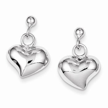 Sterling Silver Rhodium Plated 3-D Heart Polished Post Earrings