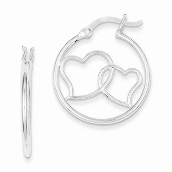 Sterling Silver Rhodium Plated Double Heart Hoop Earrings