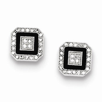Sterling Silver CZ Pave Black Enamel Square Post Earrings