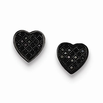 Sterling Silver Black CZ Micro Pave Heart Post Earrings