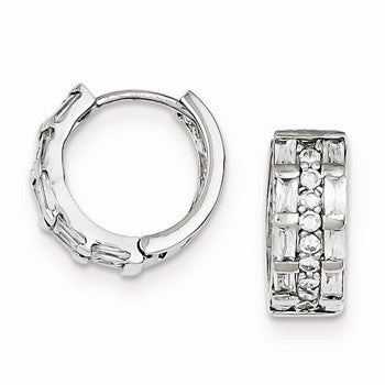 Sterling Silver CZ 3 Row Channel Baguette Hinged Hoop Earrings