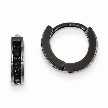Sterling Silver Black Rhodium Plated Black CZ Hinged Hoop Earrings