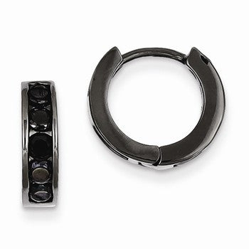 Sterling Silver Black Rhodium Plated Black CZ Hinged Hoop Earrings