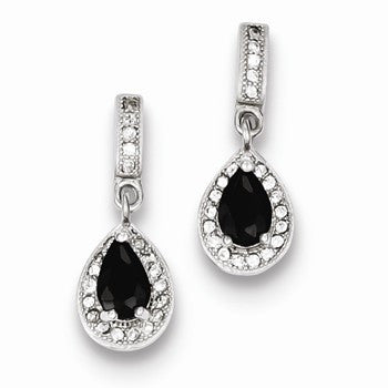 Sterling Silver CZ Pave w/ Black CZ Pear Dangle Post Earrings