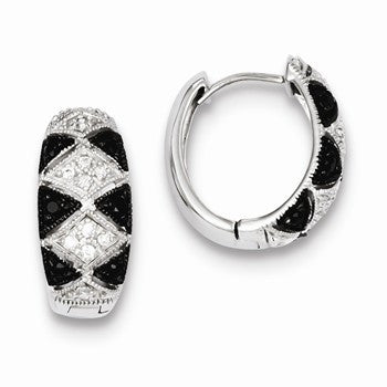 Sterling Silver Black Clear CZ Hinged Hoop Earrings