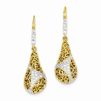 Sterling Silver Gold Plated CZ Teardrop Dangle Earrings
