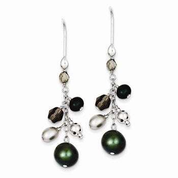 Sterling Silver FWC Green White Glass Pearl Cluster Dangle Earrings