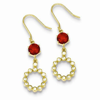 Sterling Silver Gold Plated CZ Red Glass Dangle Earrings