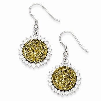 Sterling Silver with Yellow Druzy CZ Round Shepherd Hook Earrings