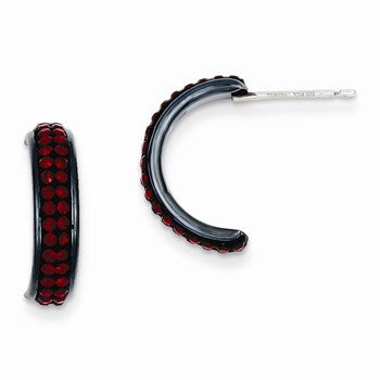 Sterling Silver Black Ceramic Red Swarovski Elements Half Hoop Post Earring, Jewelry Earrings