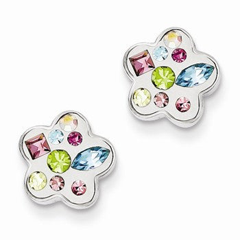 Sterling Silver Rhodium Plated Stellux Crystal Flower Post Earrings