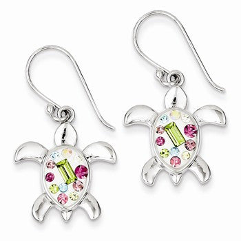 Sterling Silver Rhodium Plated Stellux Crystal Turtle Dangle Earrings