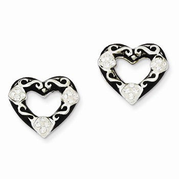 Sterling Silver Stellux Crystal Black Enamel Open Heart Post Earrings