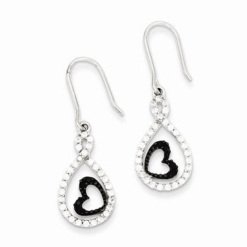 Sterling Silver Clear CZ Twisted Teardrop Black Heart Earrings