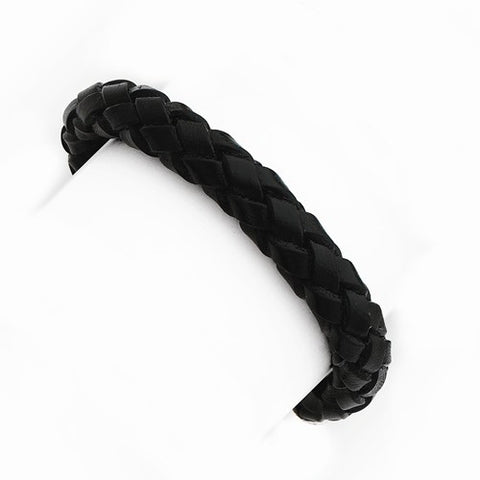 Sterling Silver Rounded Black Braided Leather Bracelet