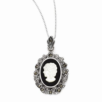Sterling Silver Marcasite, Onyx & Mother Of Pearl Cameo Necklace