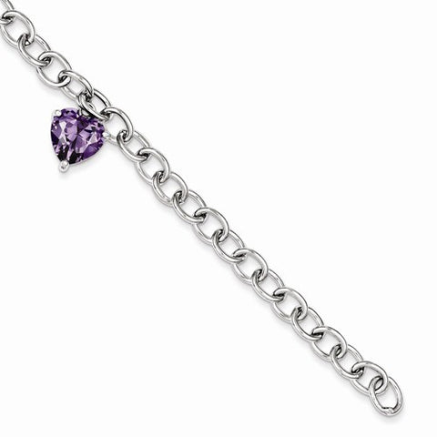 Sterling Silver Rolo with Purple Cz Heart Bracelet