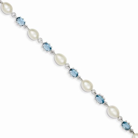 Sterling Silver Blue Cz Freshwater Pearl Bracelet