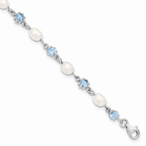 Sterling Silver Blue Cz Freshwater Pearl Bracelet