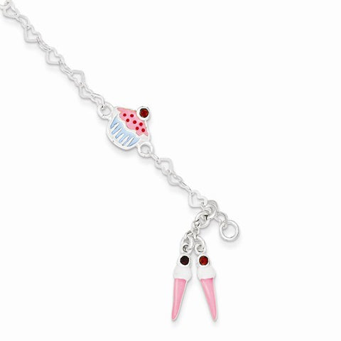 Sterling Silver & Garnet Enameled Cupcake & Ice Cream Childs Bracelet