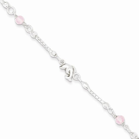 Sterling Silver & Pink Stone Polished Dolphin Childrens Bracelet