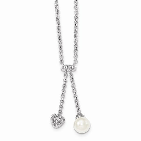 Sterling Silver Dangling CZ Heart and White Pearl Necklace