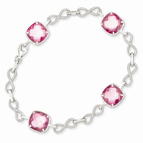 Sterling Silver Square Cz Pink Checkerboard Bracelet