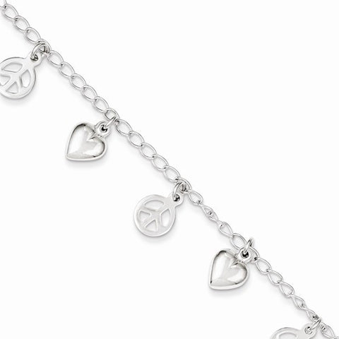 Sterling Silver Polished Peace Sign and Heart Bracelet