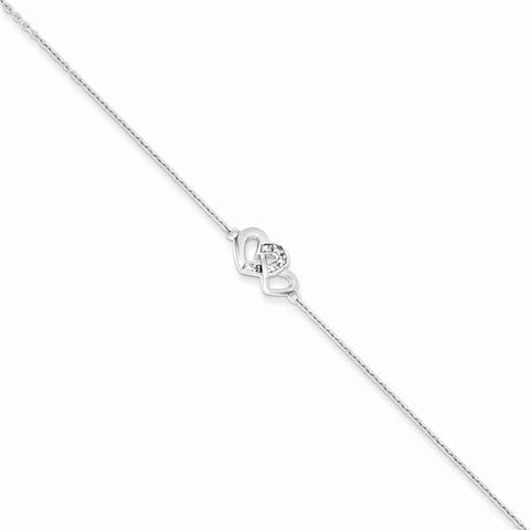 Sterling Silver Rhodium Plated Cz Double Heart Bracelet