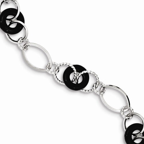 Sterling Silver Rhodium Plated Black Agate Bracelet