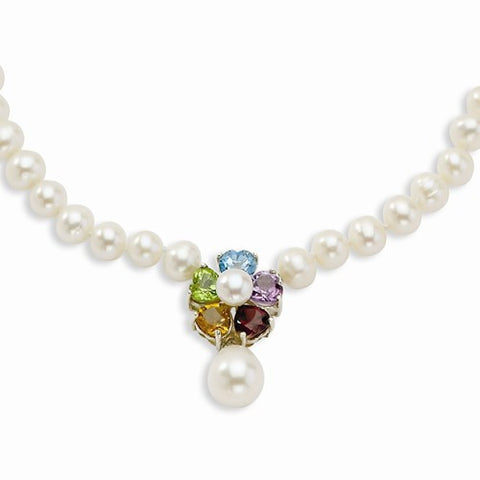 Sterling Silver Flower Gemstone, -Freshwater Cultured Pearl Necklace