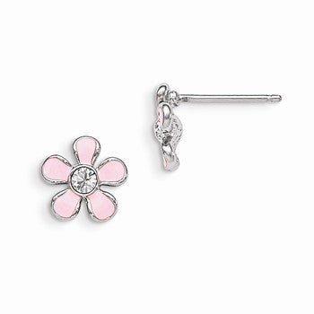 Sterilng Silver Pink Enameled Swarovski Elements Flower Earrings