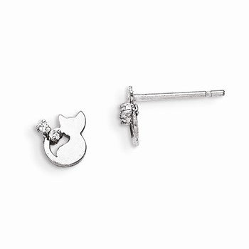 Sterling Silver CZ Childrens Cat with Bow Post Earrings