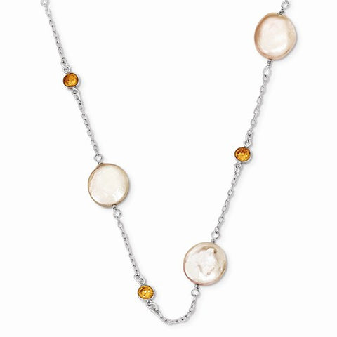 Sterling Silver Champagne CZ, Peach Freshwater Cultured Coin Pearl Necklace