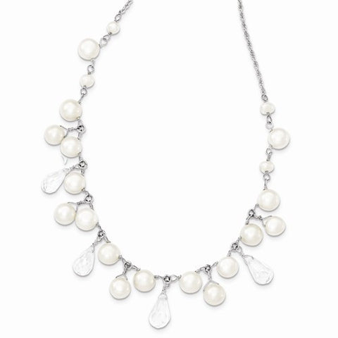 Sterling Silver FW Cultured Button Pearl, Crystal Necklace