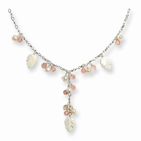Sterling Silver FW Cultured Pearl, Mother Of Pearl, Cherry Quartz Necklace