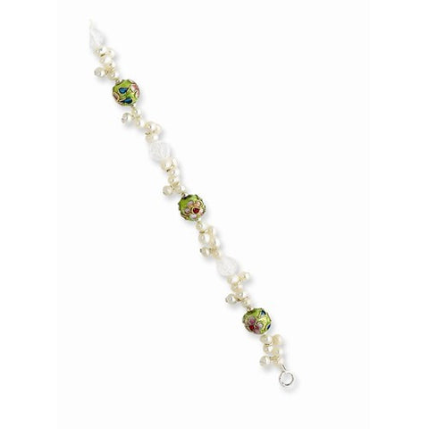 Sterling Silver Cloisonite Beadiamond-Cutrystal White Fw Cultured Pearl Bracelet