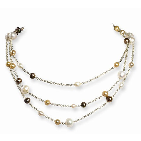 Sterling Silver Cultured White, Golden, Champagne Pearl Necklace