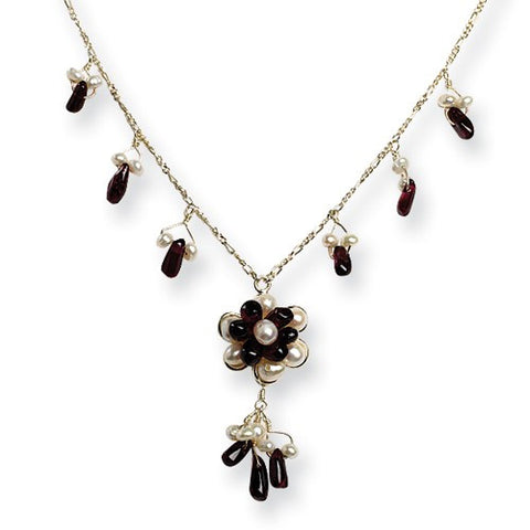 Sterling Silver Freshwater Cultured White Pearl and Garnet Necklace