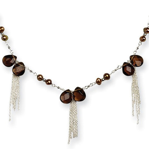 Sterling Silver Smokey Quartz, Cultured Golden Pearl Necklace