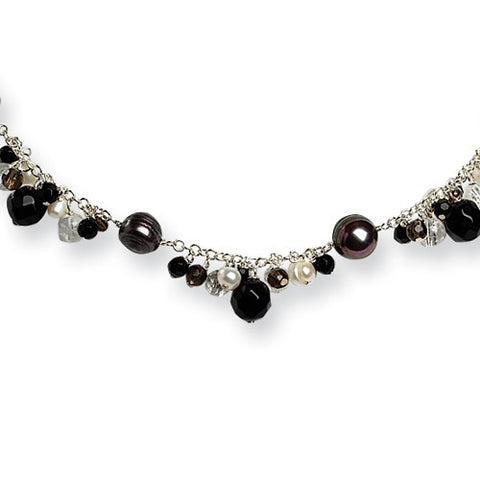 Sterling Silver Smokey, Clear, Jet Crystal & Peacock, White Pearl Necklace