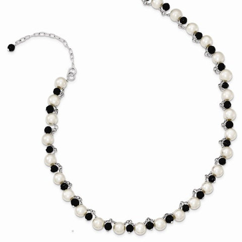 Sterling Silver FW Cultured Button Pearl, Black Crystal Necklace
