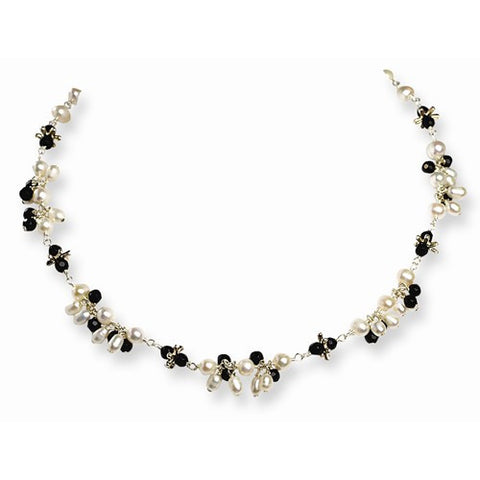 Sterling Silver FW Cultured White Pearl & Black Crystal Necklace
