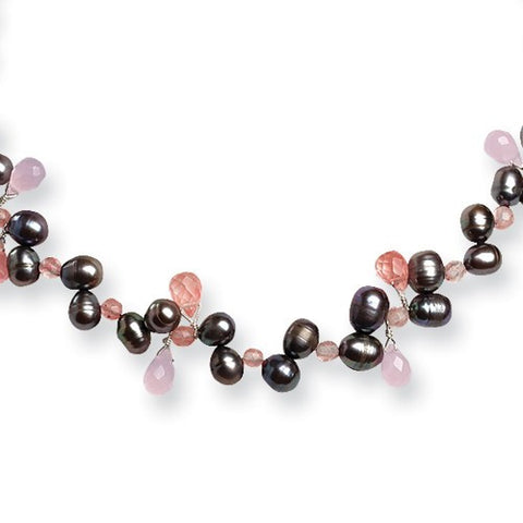 Sterling Silver Cherry, Rose Quartz & Grey Cultured Pearl Necklace