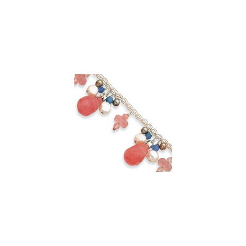 Sterling Silver Cherry Quartz Blue Agate Fw Cultured Pearl Bracelet